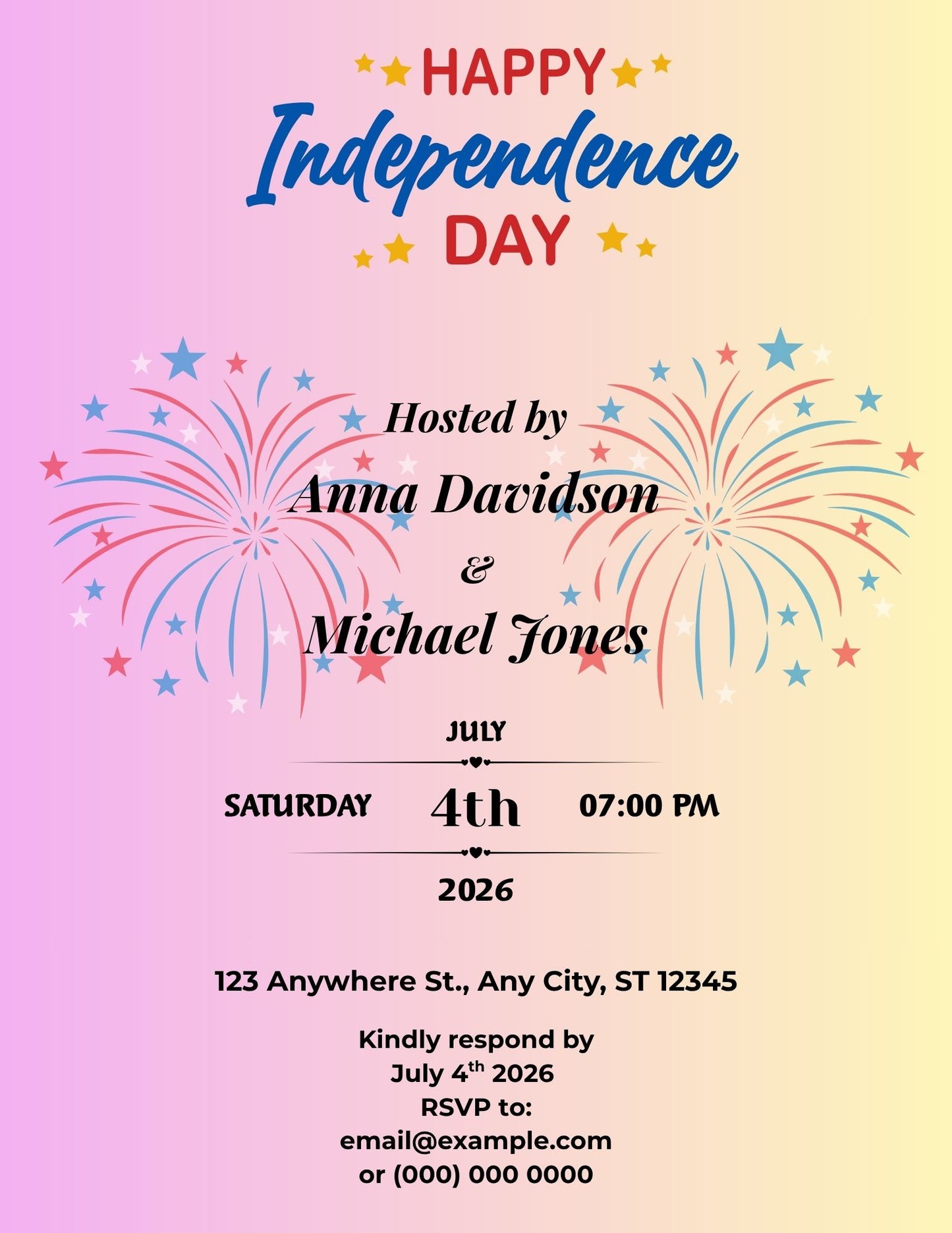15.02 Happy Independence Day Party Invitation Template – Editable Patriotic Fireworks Celebration Invite