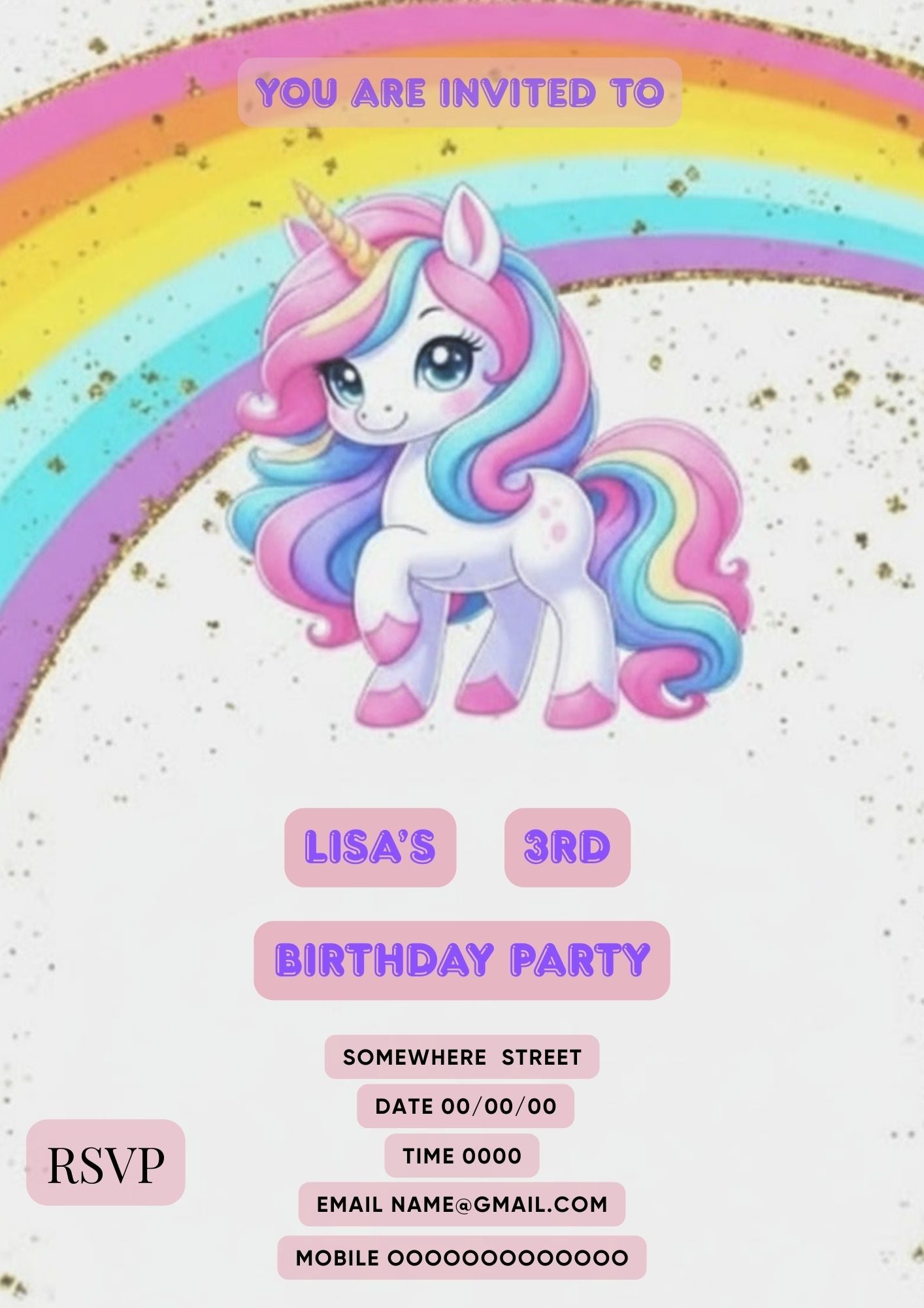 7.07 Unicorn Rainbow Birthday Invitation Template, Kids Birthday Invite, Editable Canva Template, 1st 2nd 3rd Birthday Party Invitation, Cute Unicorn Invite