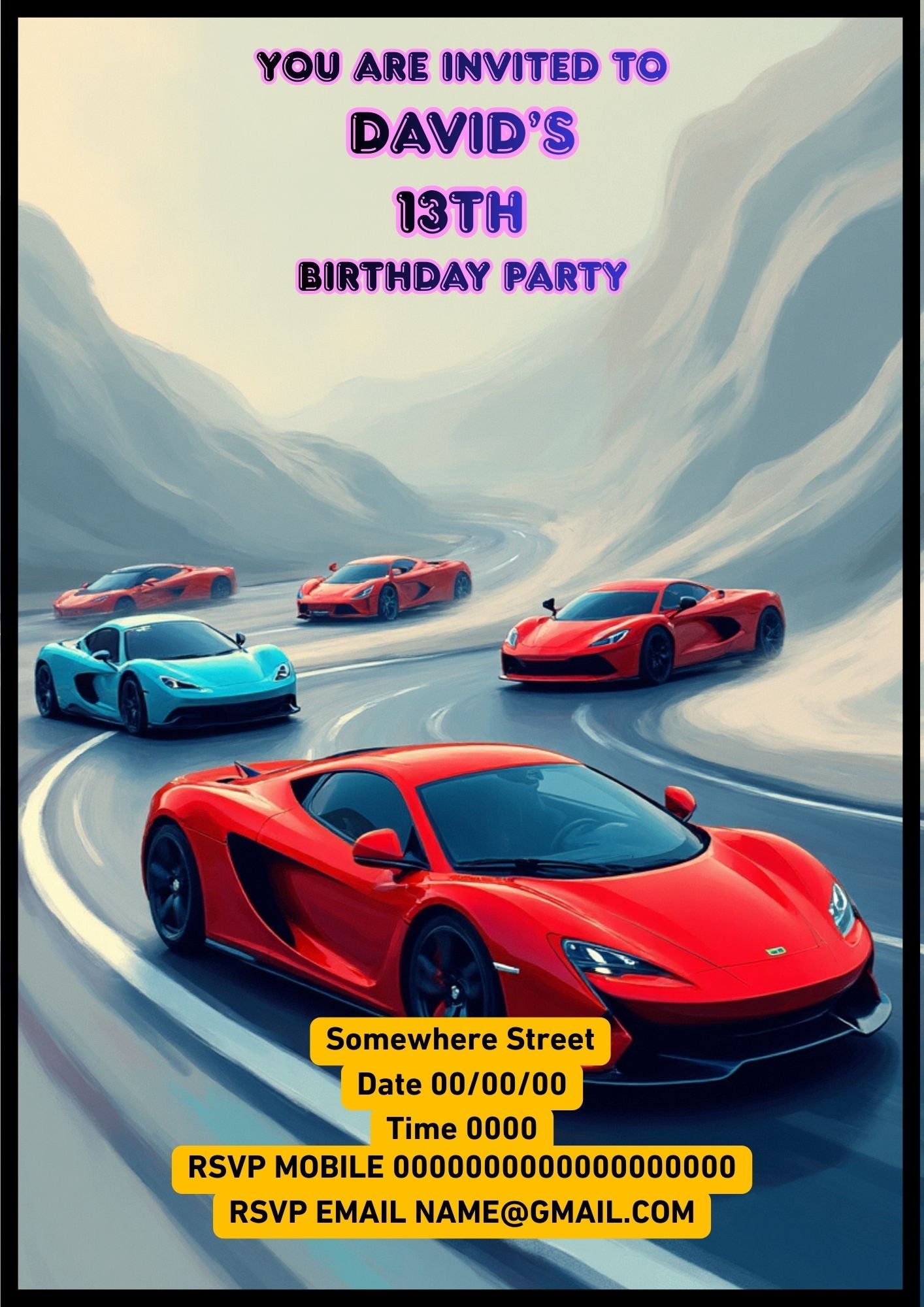 6.05 Teen Sports Car Birthday Invitation Template, Editable Racing Car Birthday Party Invite, Supercar Teen Birthday Invitation, Canva Birthday Template (Age Editable)