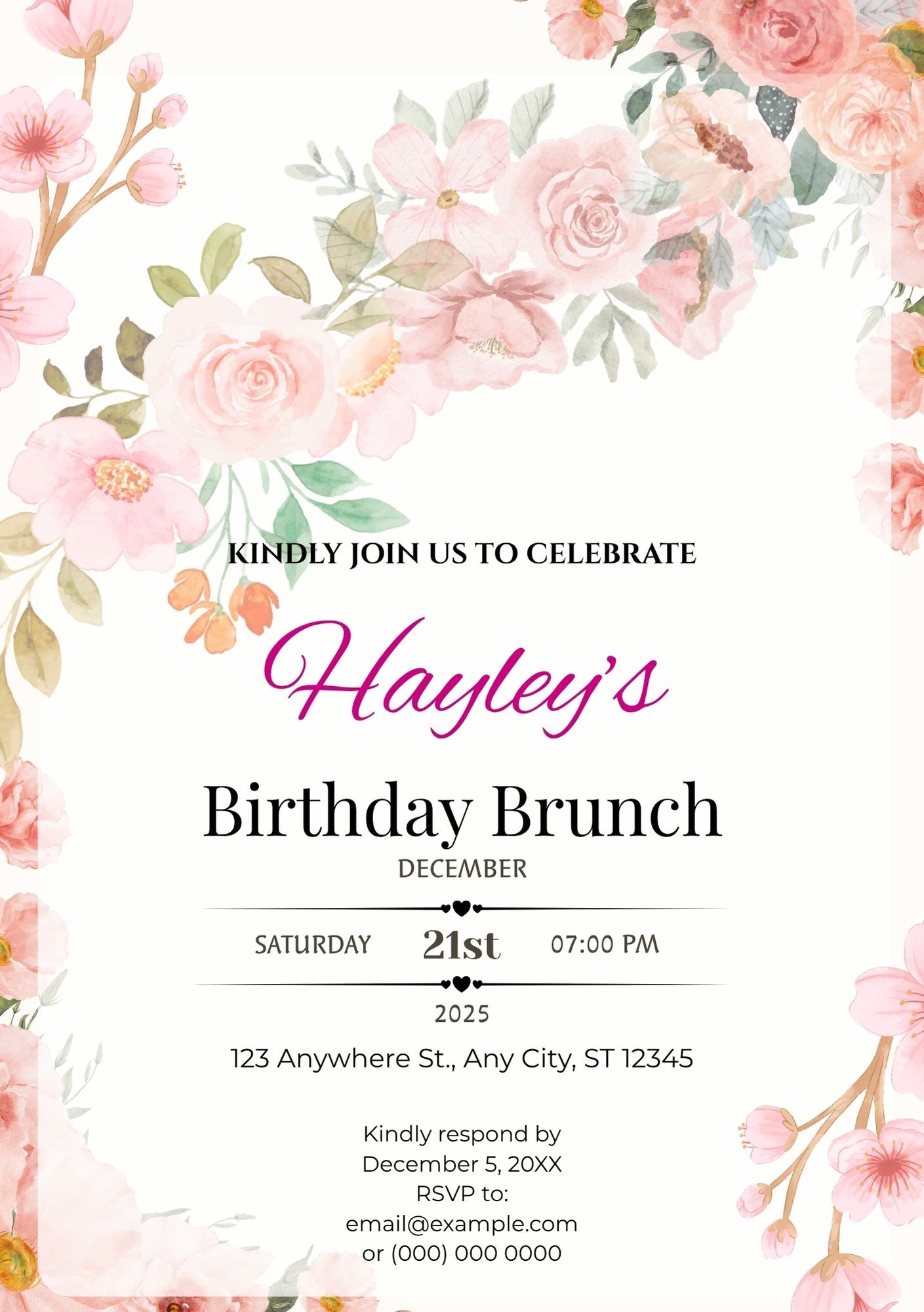 5.06 Birthday Brunch Invitation Template, Floral Birthday Brunch Invite, Editable Birthday Brunch Invitation, Garden Party Birthday Invite, Canva Template