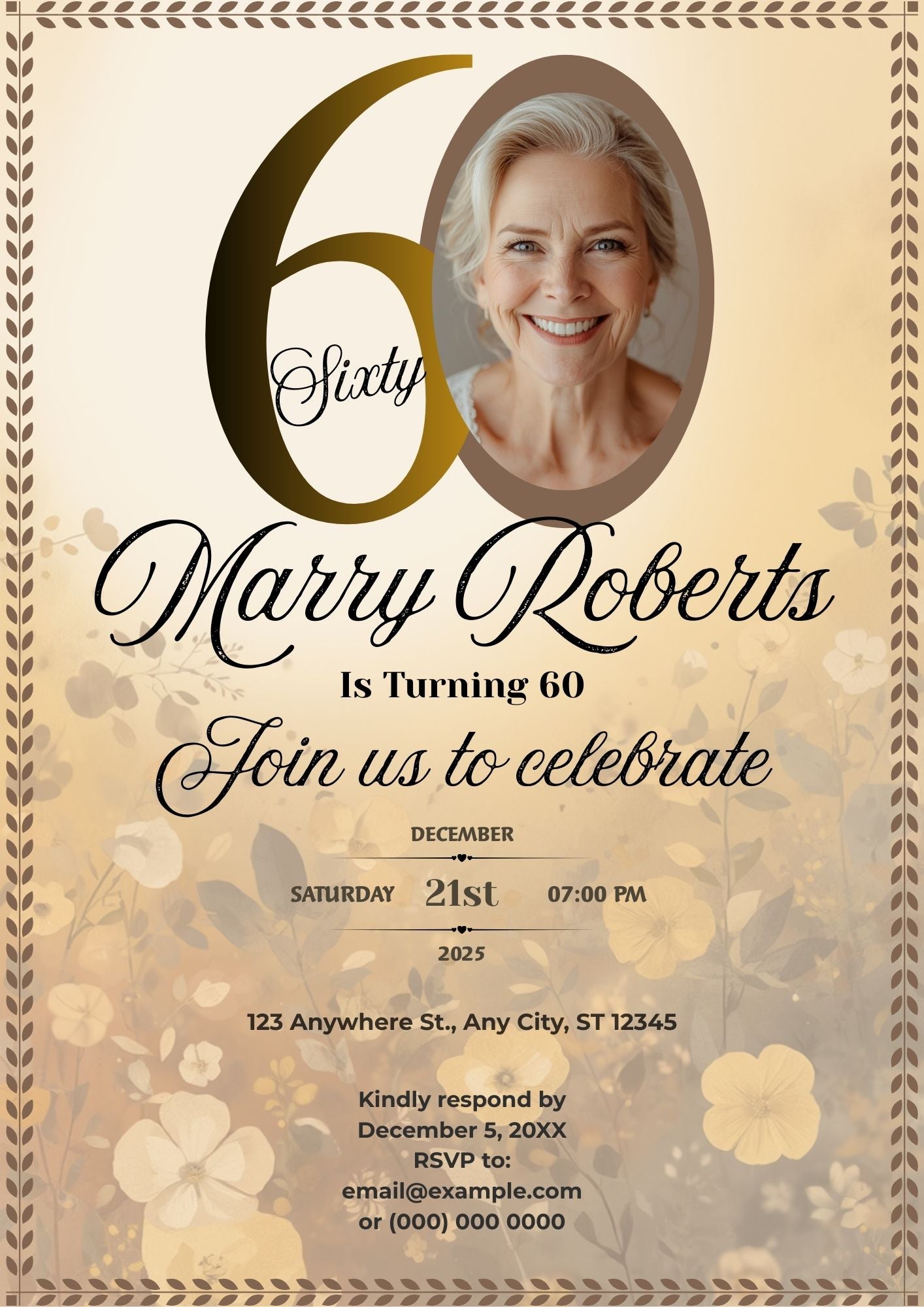 5.03 60th Birthday Invitation Template With Photo, Elegant Milestone Birthday Invitation, Editable 60th Birthday Party Invitation, Canva Template