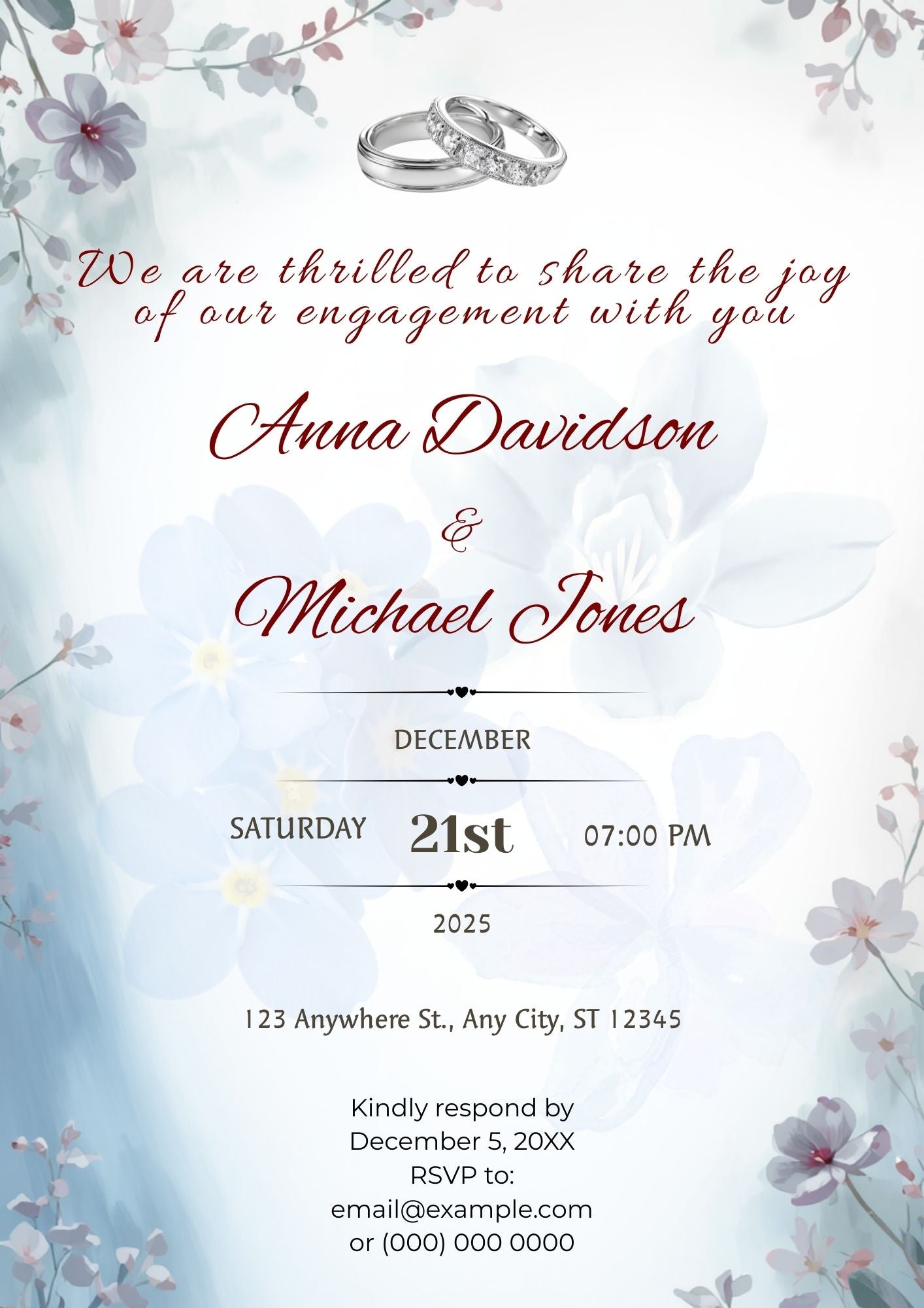 3.03 Blue Floral Engagement Invitation Template | Editable Canva A4 Engagement Invite | Elegant Printable Digital Announcement