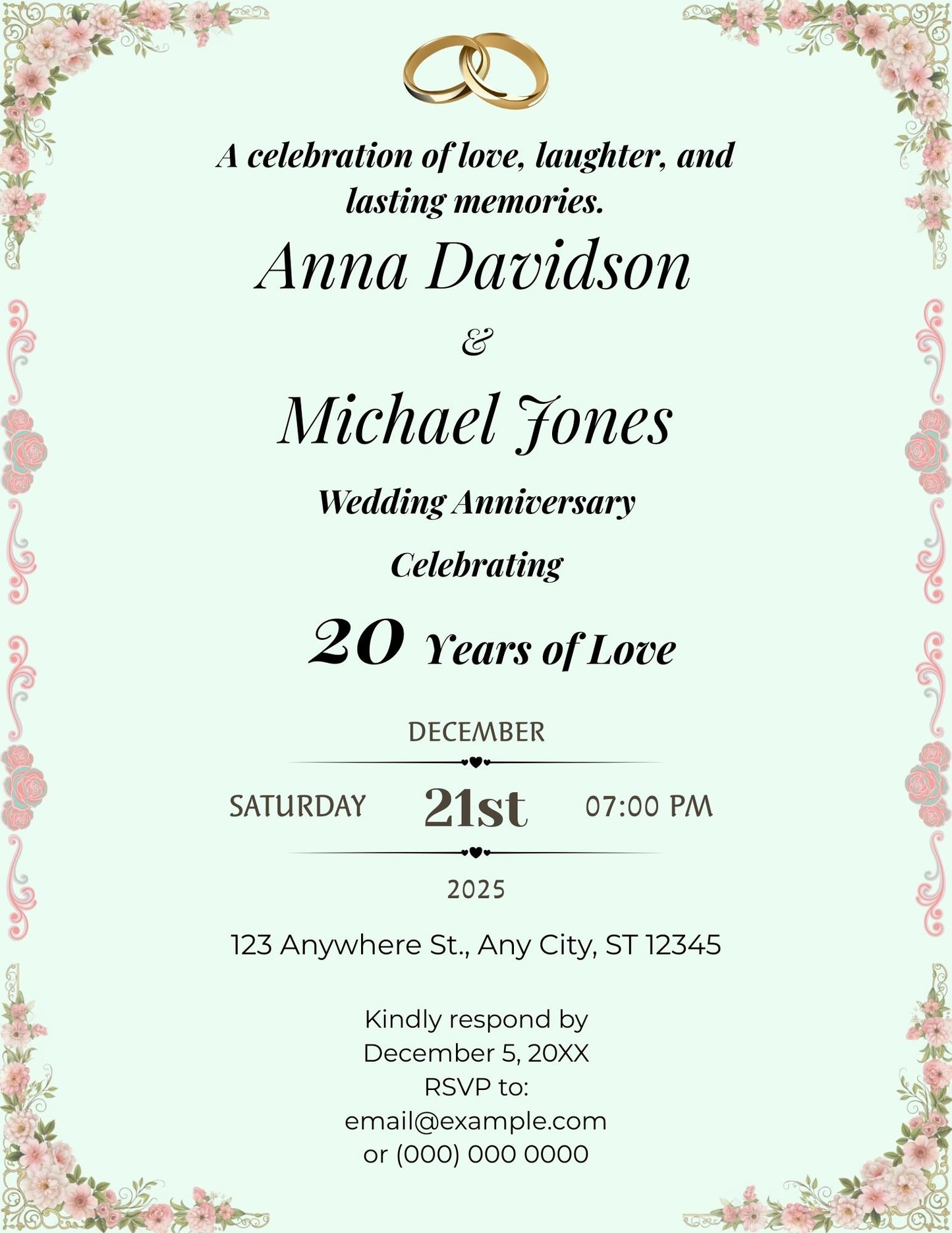 1.05 Elegant Wedding Anniversary Invitation Template | Editable Canva Invite | Minimal Floral Border 20th to 60th Anniversary