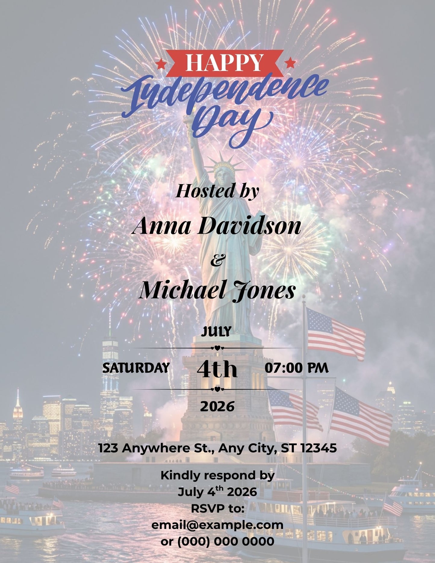 15.04 Happy Independence Day Party Invitation Template – Editable Patriotic Fireworks & Statue of Liberty Invite