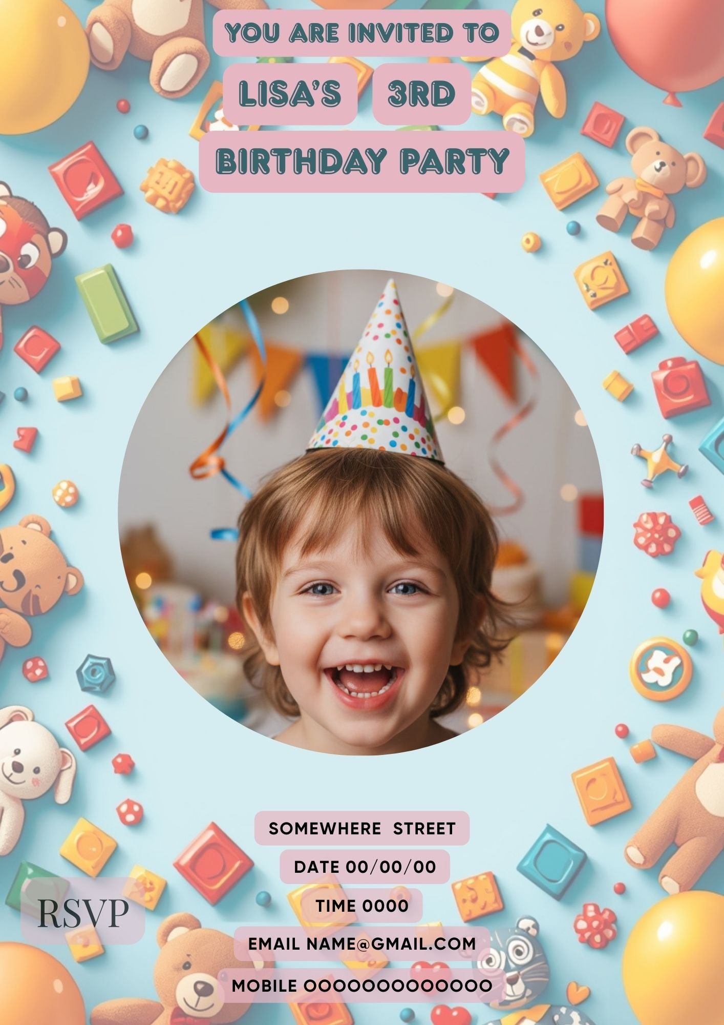 7.09 Kids Birthday Invitation Template with Photo, Editable Canva Invite, Teddy Bear Birthday Invitation, 1st 2nd 3rd Birthday Party Invite, Photo Insert Invitation