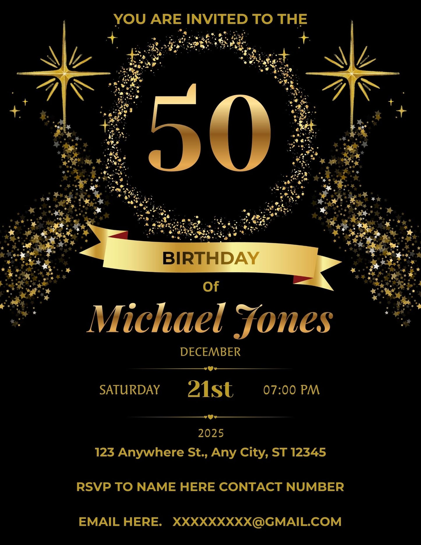 5.02 50th Birthday Invitation Template, Gold Milestone Birthday Invite, Elegant Black and Gold Birthday Invitation, Editable Birthday Invitation Template