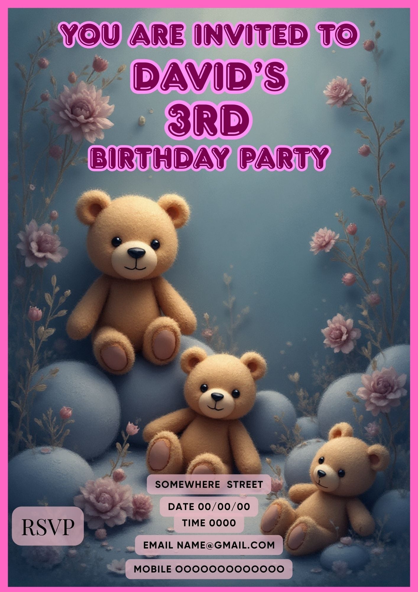 7.01 Teddy Bear Birthday Invitation Template, Kids Birthday Invitation, 1st 2nd 3rd Birthday Invite, Editable Canva Template, Cute Baby Shower Style Invite