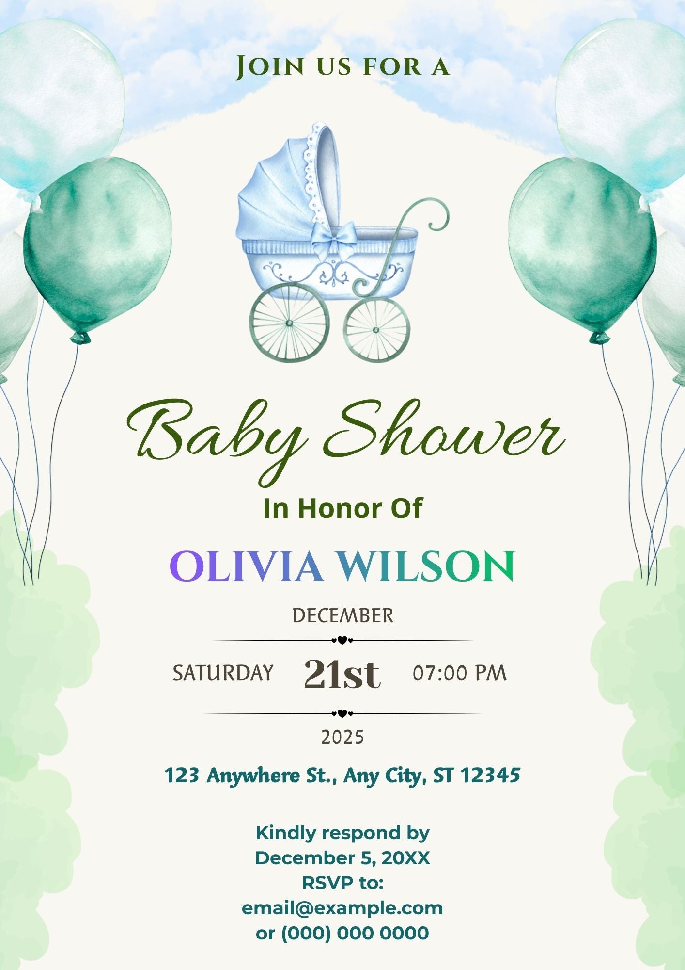 4.10 Classic Baby Shower Invitation Template with Baby Pram | Editable Baby Shower Invite | Printable Baby Shower Canva Template
