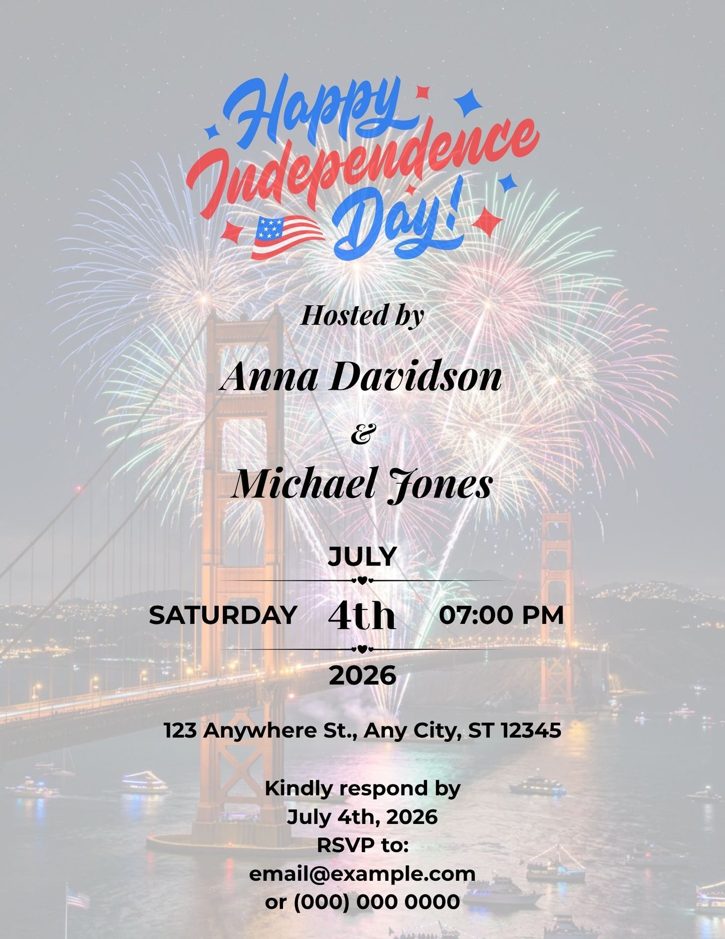 15.10 Editable Independence Day Invitation Template, Golden Gate Bridge 4th of July Invite, Patriotic USA Party Invitation, San Francisco Celebration Canva Template