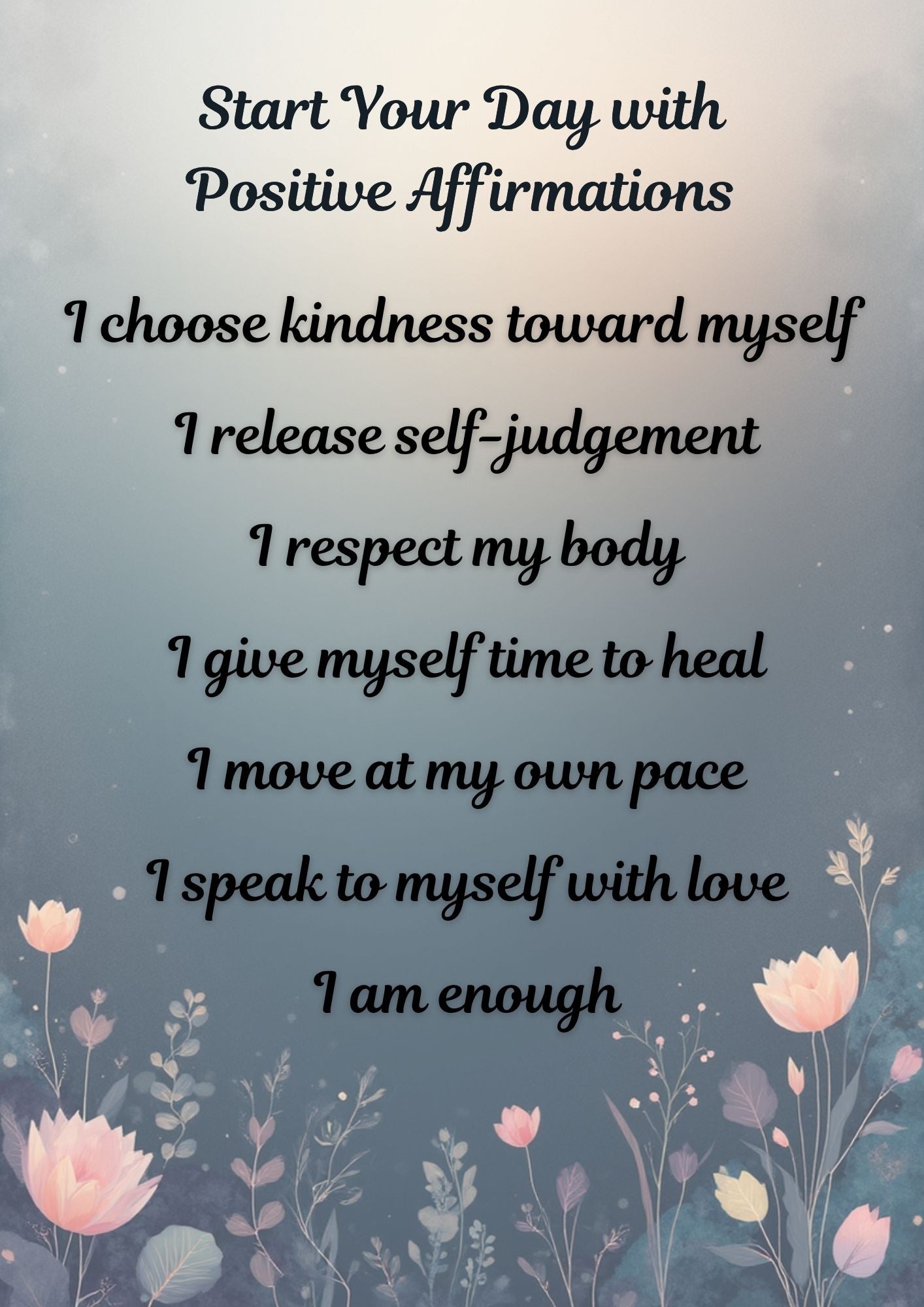 9.07 Self Love Affirmation Wall Art Set, Positive Daily Affirmations Printable, Self Care Quotes, Mental Wellness Decor, Floral Wall Art Bundle