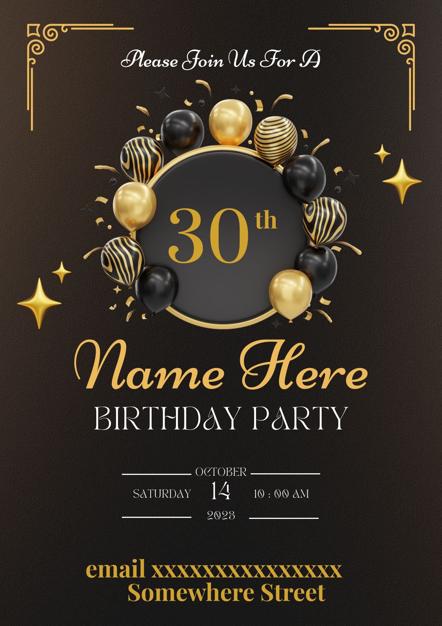 Adult Birthday Invitation – Black and gold premium Theme (Canva Template)