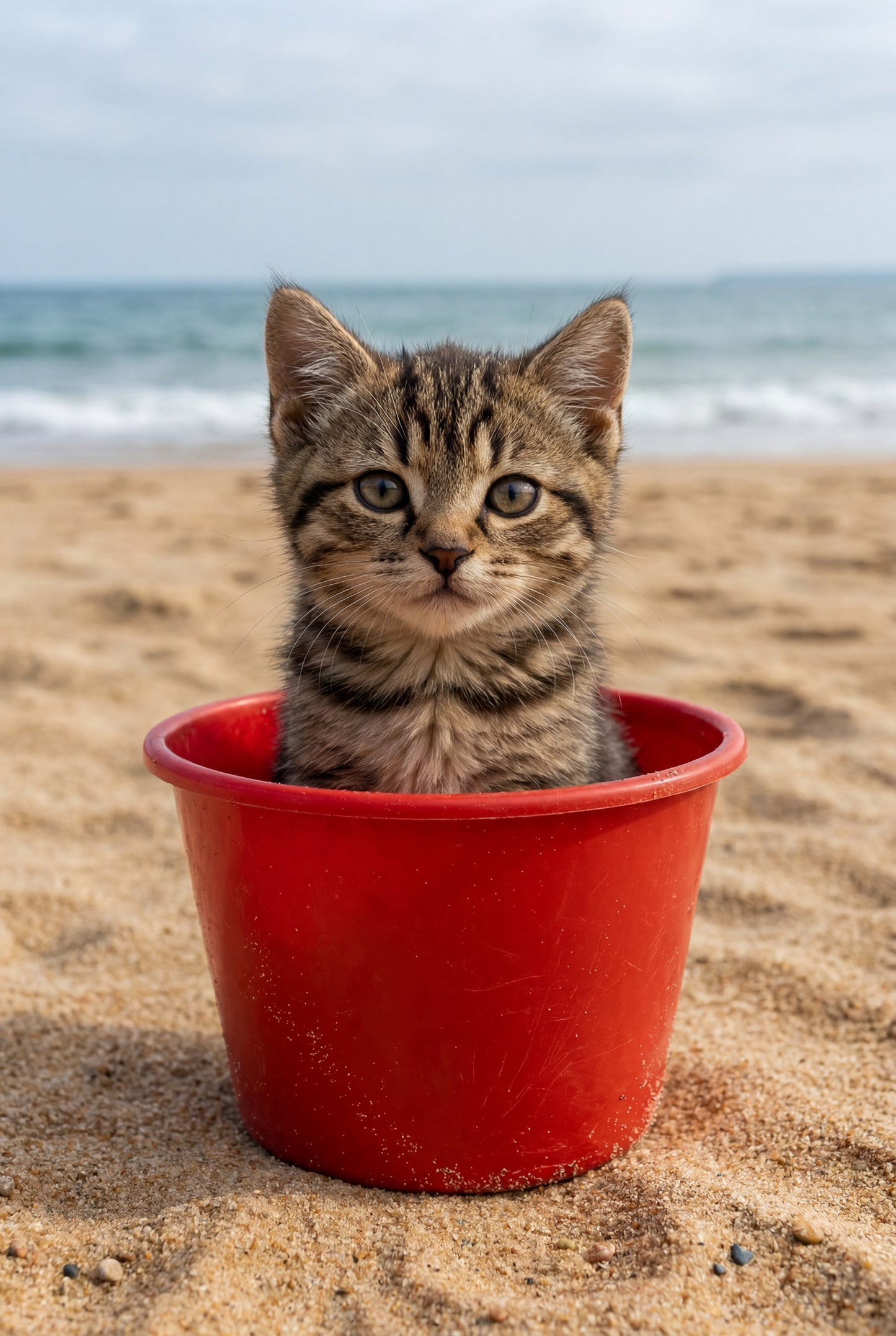 11.03 Cute Kitten in Bucket Print, Funny Cat Wall Art, Beach Animal Printable, Cute Kitten Decor, Pet Lovers Gift, Instant Download