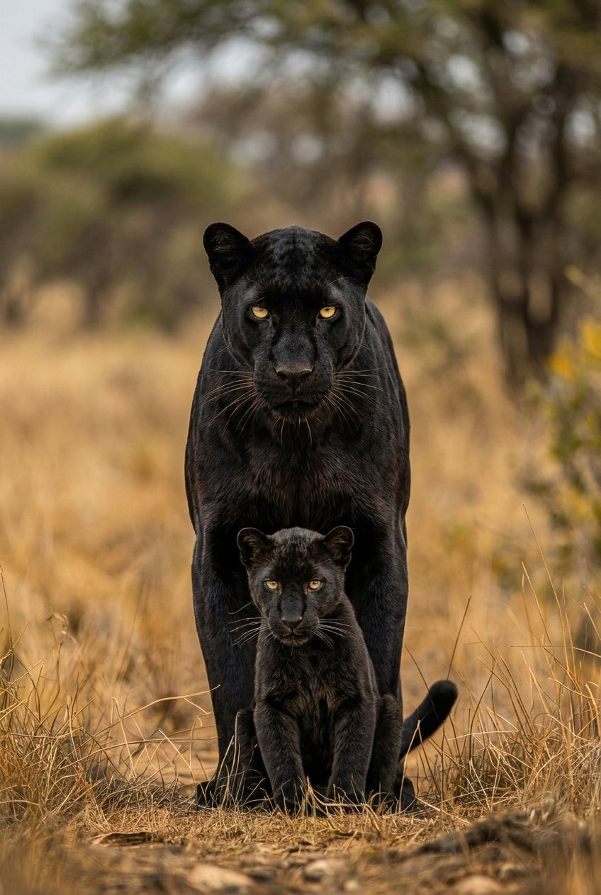 10.05 Black Panther Wall Art Print, Panther and Cub Poster, Wildlife Animal Art, Strength and Protection Decor, Nature Printable Download