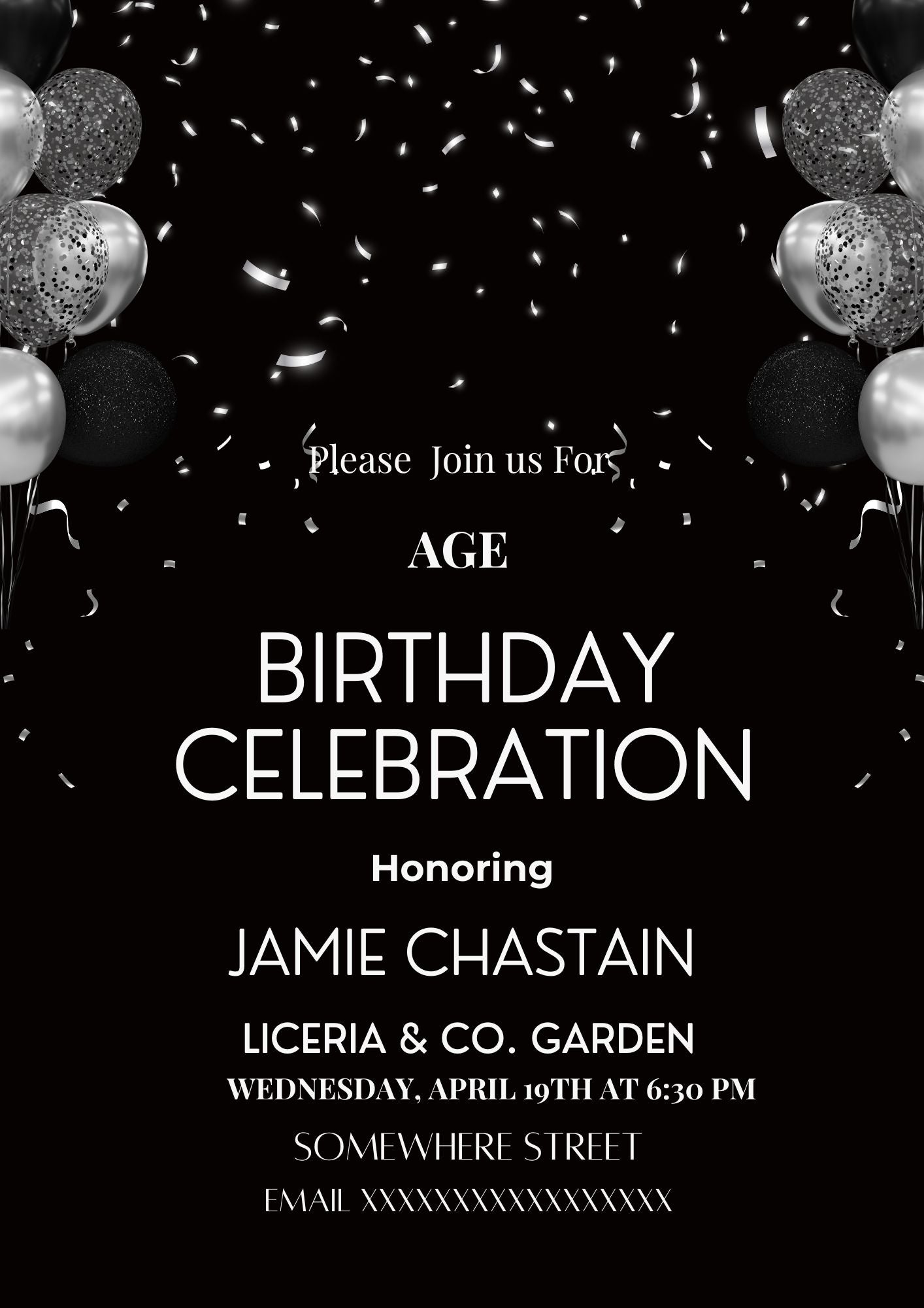 Elegant Black Birthday Invitation – Adult Birthday Celebration – Editable Canva Template