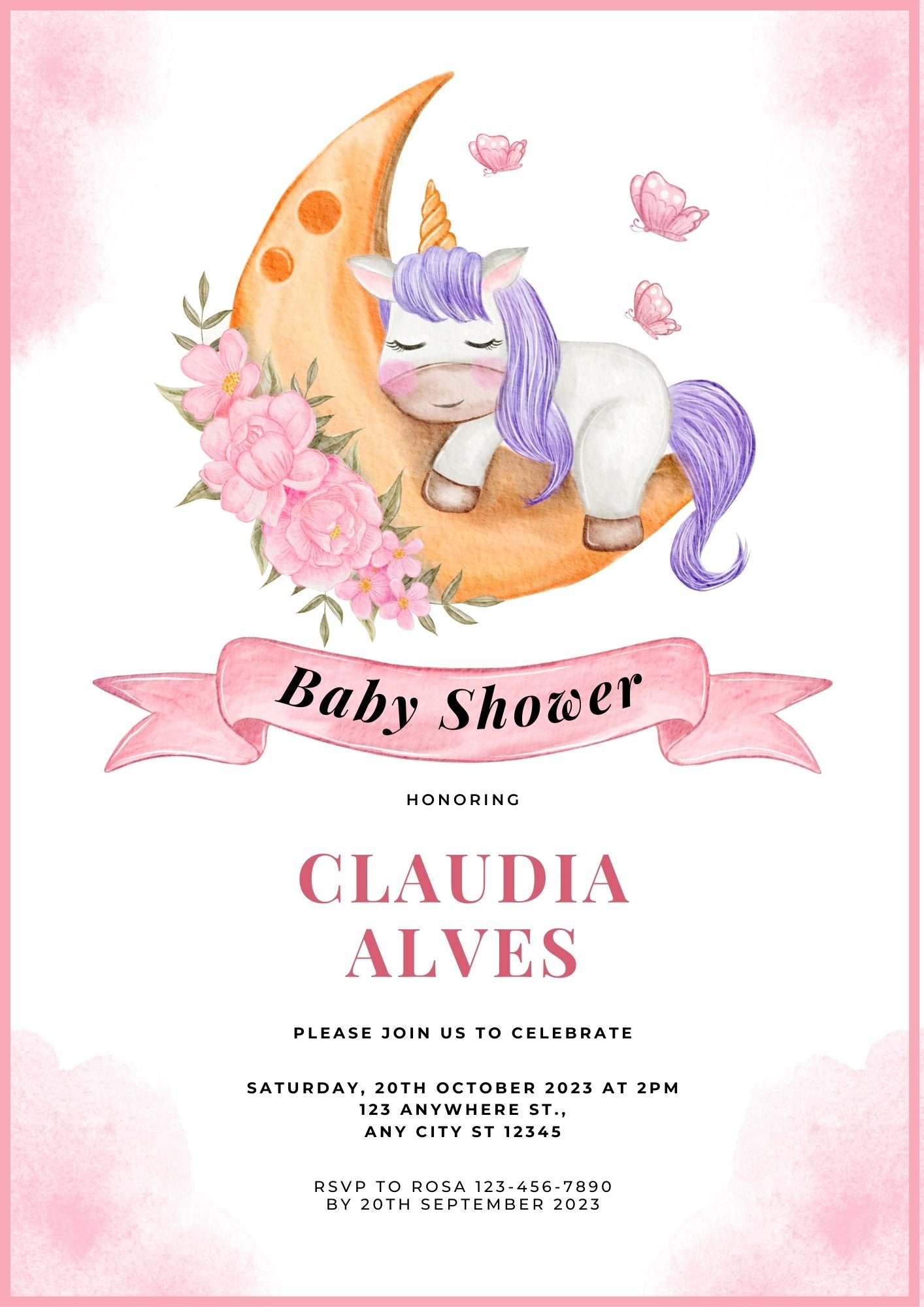 Unicorn Baby Shower Invitation | Cute Baby Girl Shower Invite | Editable Canva Template A4