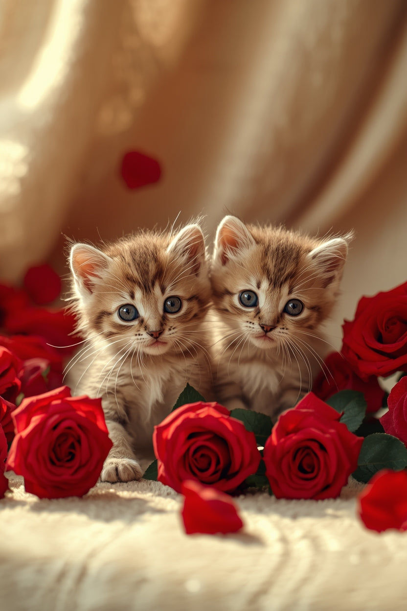 11.07 Cute Kitten Floral Print Set, Baby Cat Wall Art Bundle, Cotton and Rose Animal Prints, Nursery Cat Decor, Set of 4, Instant Download