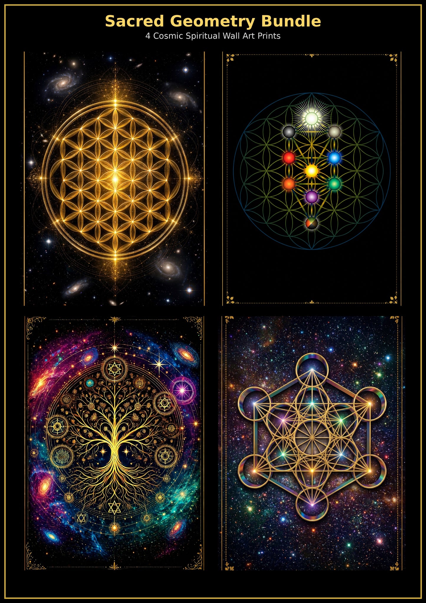 13.10 Sacred Geometry Wall Art Bundle – 4 Gold Mandala Prints | Metatron’s Cube, Seed of Life, Flower of Life & Cosmic Tree | Spiritual A4 Digital Download Set