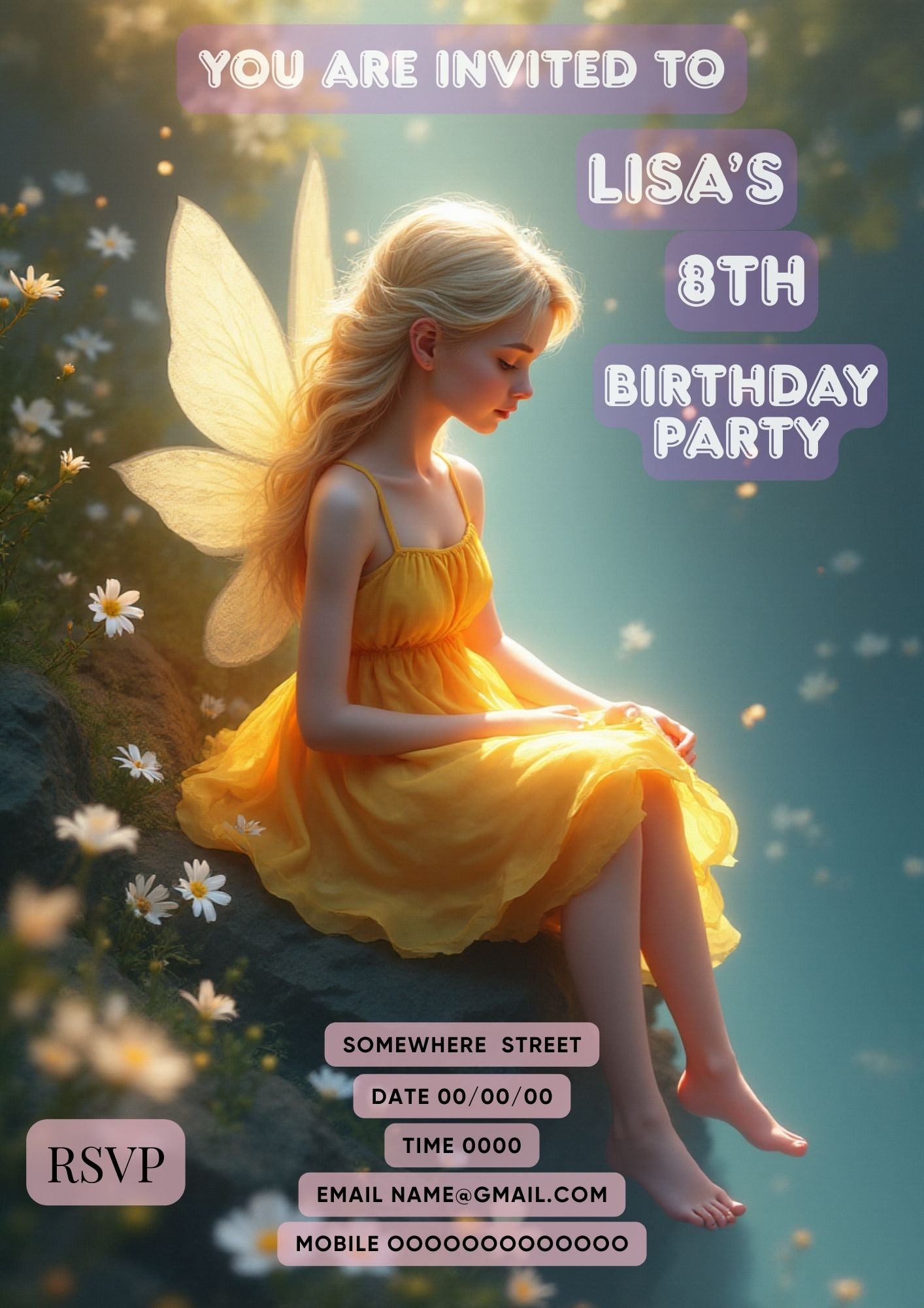 7.05 Fairy Birthday Invitation Template, Magical Fairy Party Invite, Girls Birthday Invitation, Editable Canva Template, Princess Fairy Theme Invite