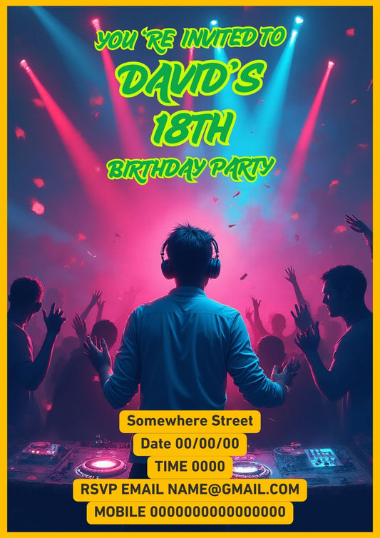 6.04 Teen DJ 18th Birthday Invitation Template, Editable Music Party Invitation, Neon DJ Birthday Party Invite, Club Party Canva Template (Age Editable)