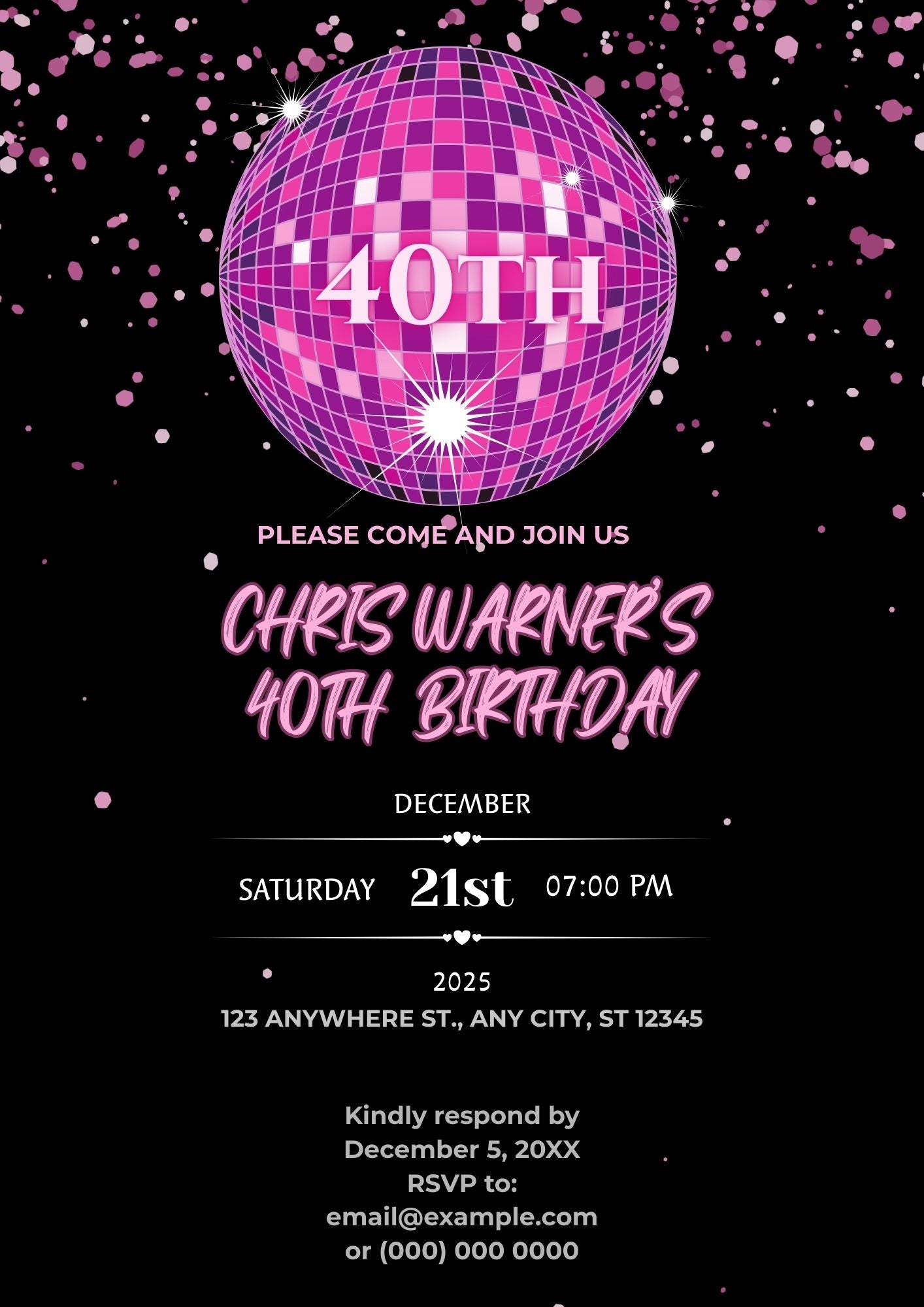 5.12 Editable Disco Birthday Invitation Template, Pink Disco Ball Party Invite, Teen or Adult Birthday Invitation, Retro Dance Party Canva Invitation