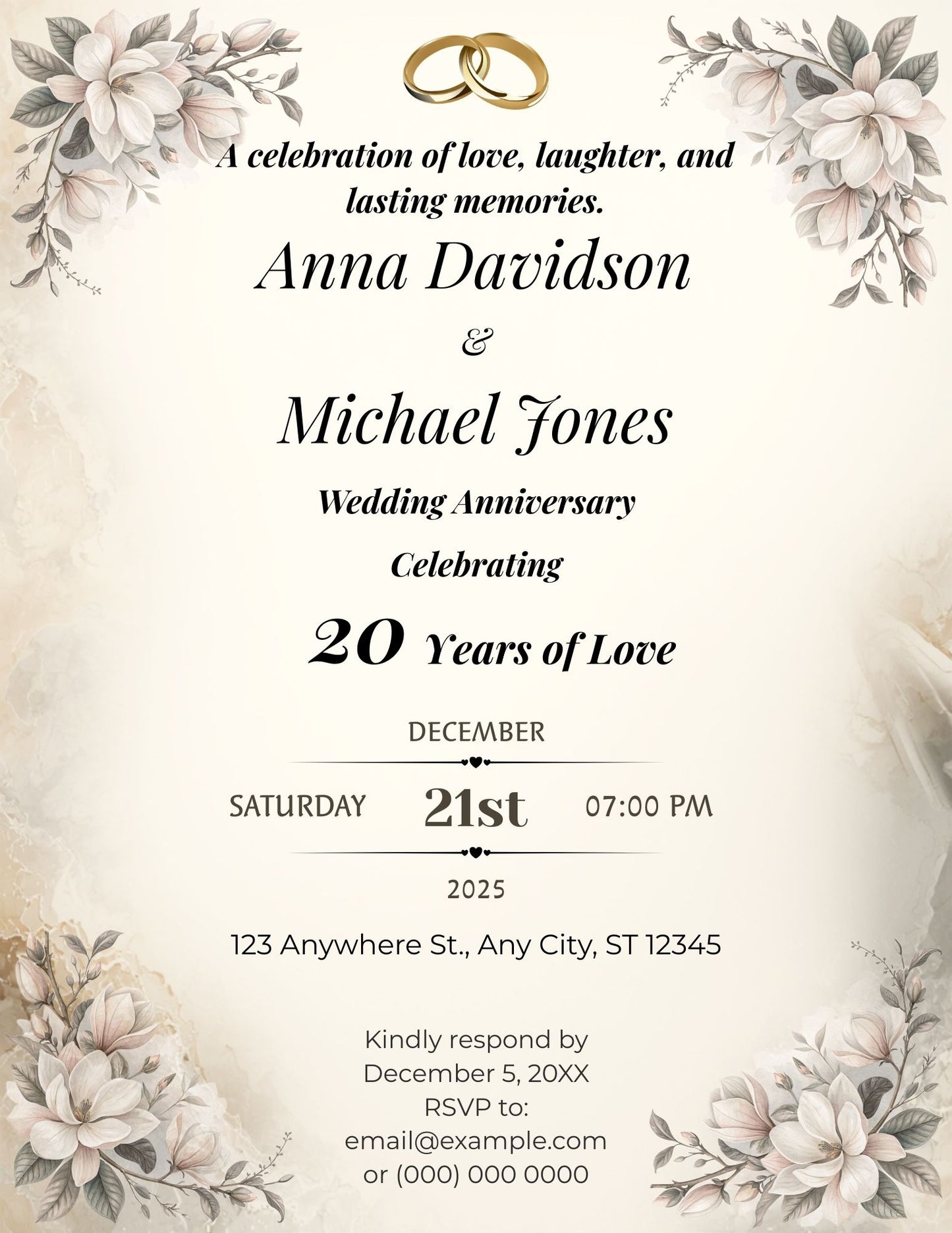 1.07 Elegant Floral Wedding Anniversary Invitation Template, Editable Canva Anniversary Invite, Neutral Romantic Anniversary Party Invitation