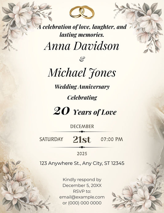 1.07 Elegant Floral Wedding Anniversary Invitation Template, Editable Canva Anniversary Invite, Neutral Romantic Anniversary Party Invitation