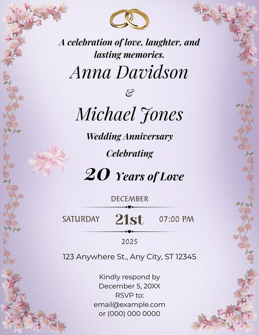 1.08 Wedding Anniversary Invitation Template Editable Canva Invite Elegant Floral Border 20th to 60th Anniversary