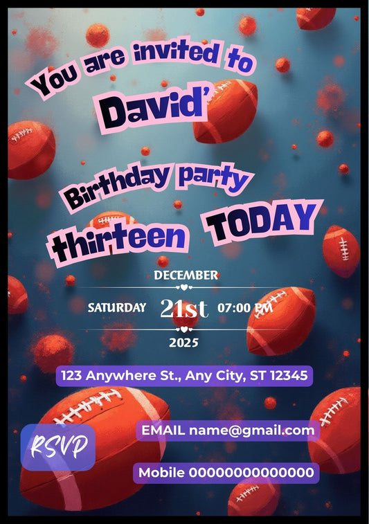 7.03 Teen Birthday Invitation Template, Kids Birthday Party Invite, Sports Football Birthday Invitation, Editable Canva Template, 13th Birthday Invite