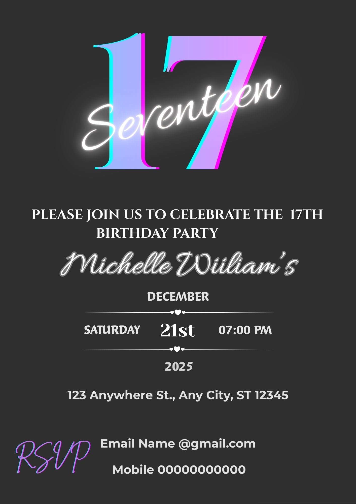 6.10 Teen Birthday Invitation Template Neon Party Invite, Editable Birthday Invitation Canva Template, Modern Teen Party Invitation Digital Download