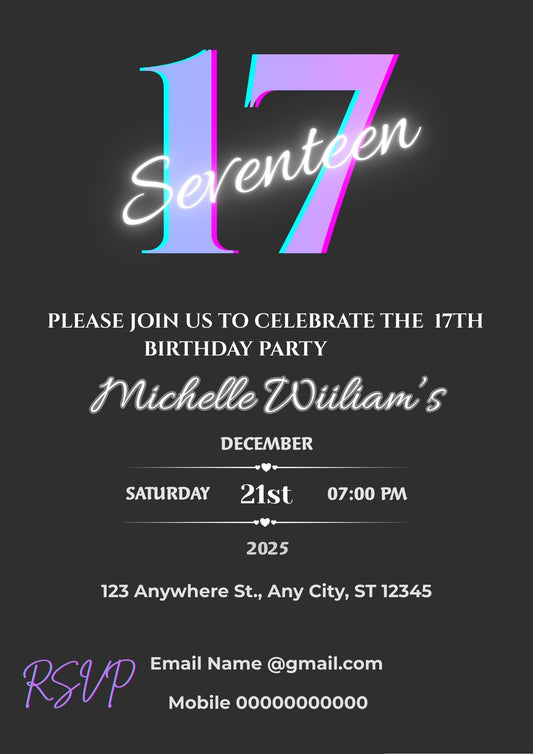 6.10 Teen Birthday Invitation Template Neon Party Invite, Editable Birthday Invitation Canva Template, Modern Teen Party Invitation Digital Download