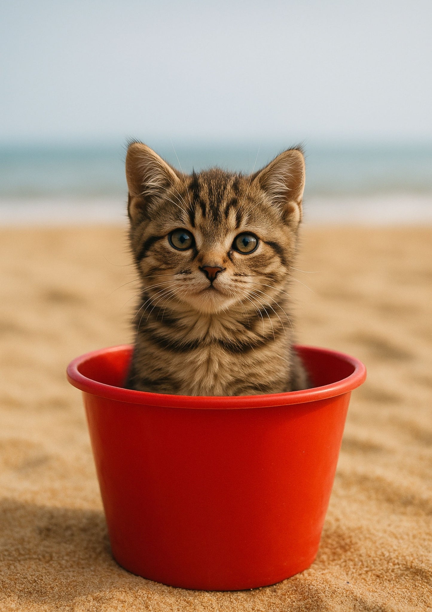 Curious Kitten in a Red Bucket – Photorealistic Animal Wall Art Print 06