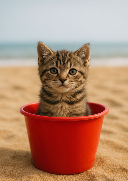 Curious Kitten in a Red Bucket – Photorealistic Animal Wall Art Print 06