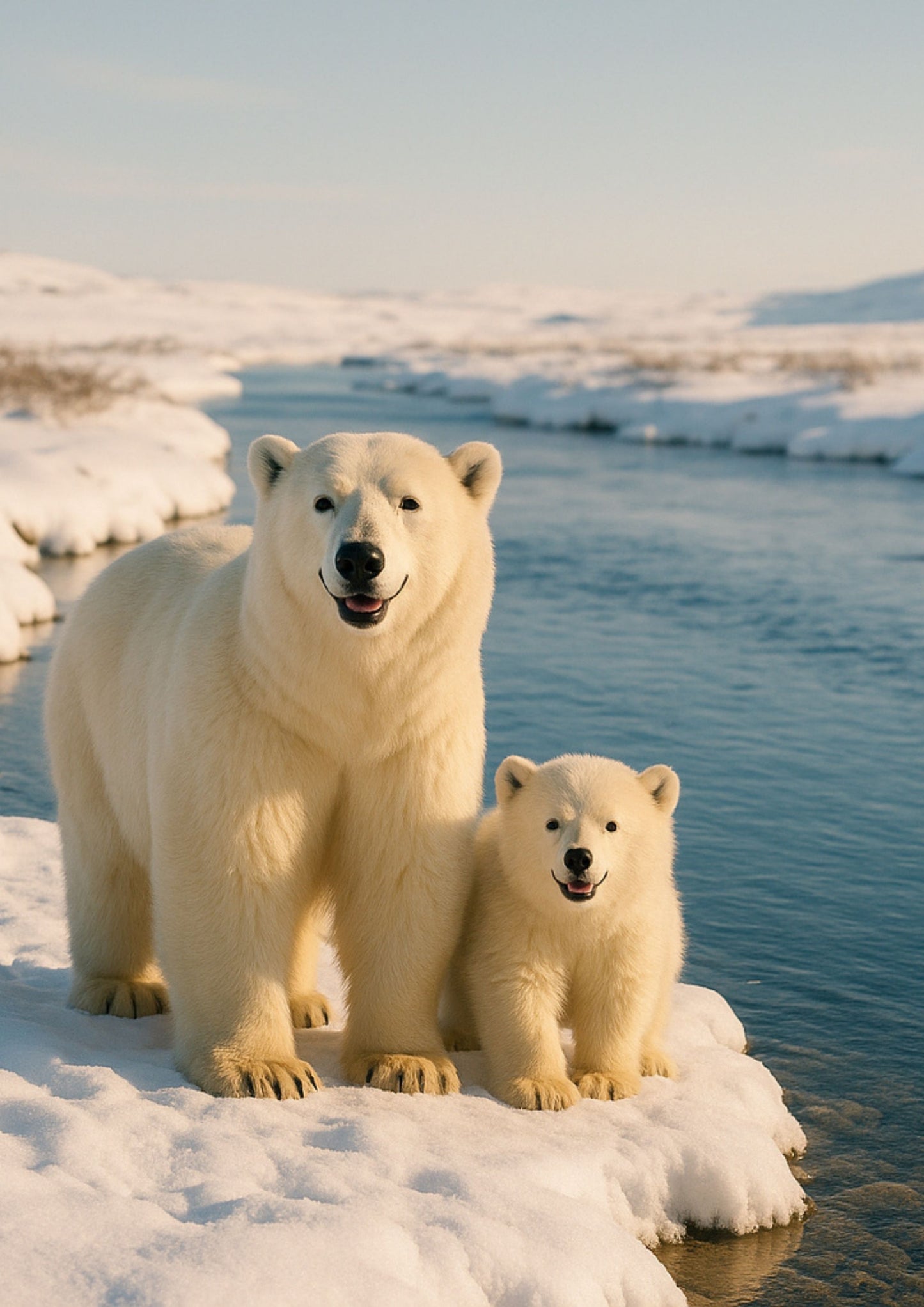 Polar Bear & Cub by the River – Gentle Wildlife Wall Art Printable