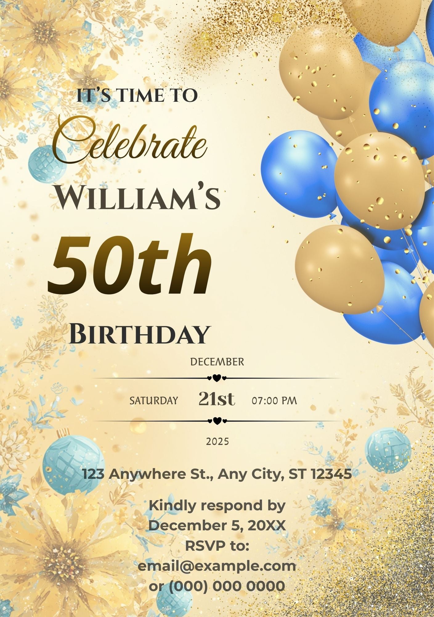 5.10 Milestone Birthday Invitation Template, 40th 50th 60th Birthday Party Invite, Gold Balloon Birthday Invitation, Elegant Editable Birthday Invitation Canva Template