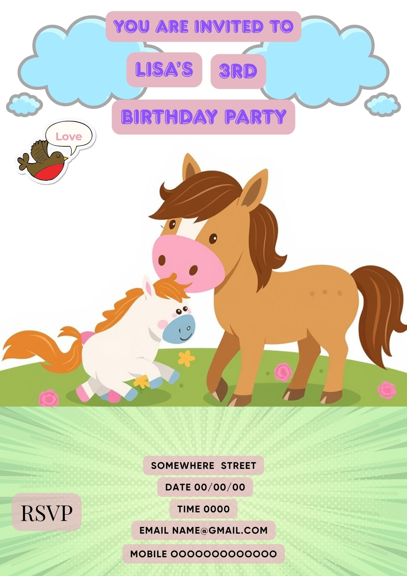 7.08 Horse Unicorn Birthday Invitation Template, Cute Pony Birthday Invite, Kids Birthday Invitation, Editable Canva Template, 1st 2nd 3rd Birthday Party Invite
