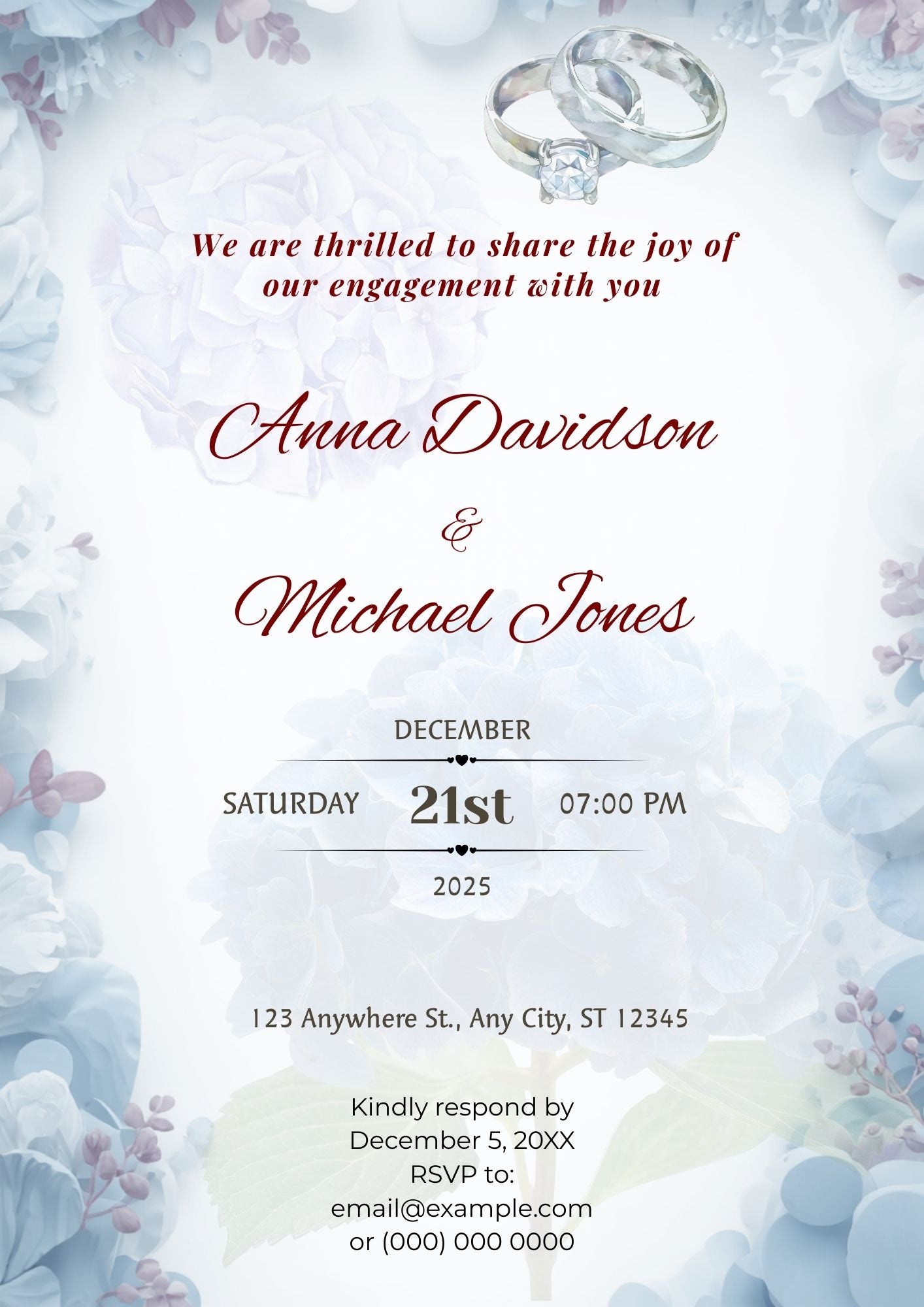 3.06 Blue Floral Engagement Invitation Template | Editable Elegant Engagement Party Invite | Printable Romantic Digital Download