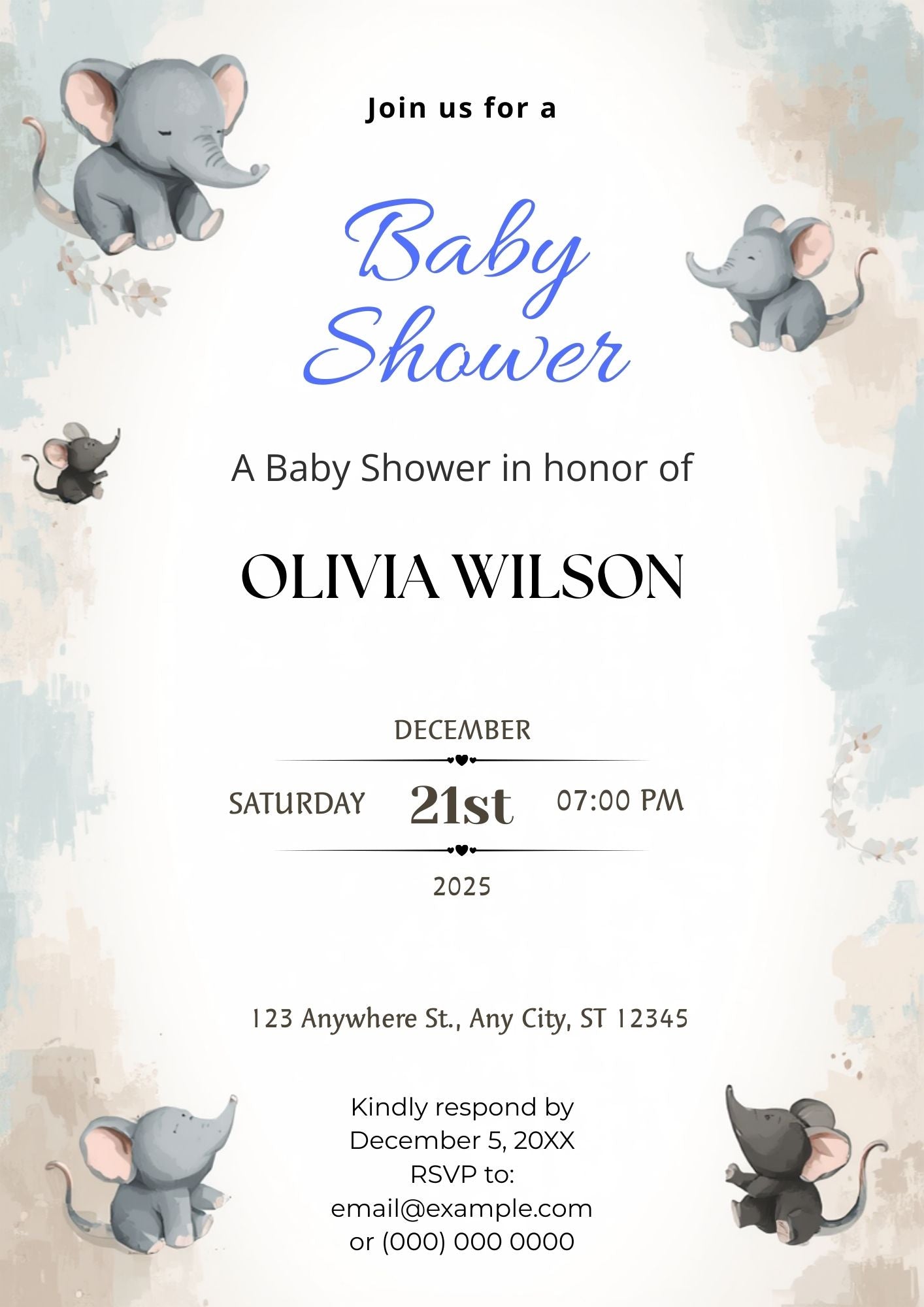 4.02 Blue Elephant Baby Shower Invitation Template | Editable Cute Baby Boy Shower Invite | Printable Digital Download