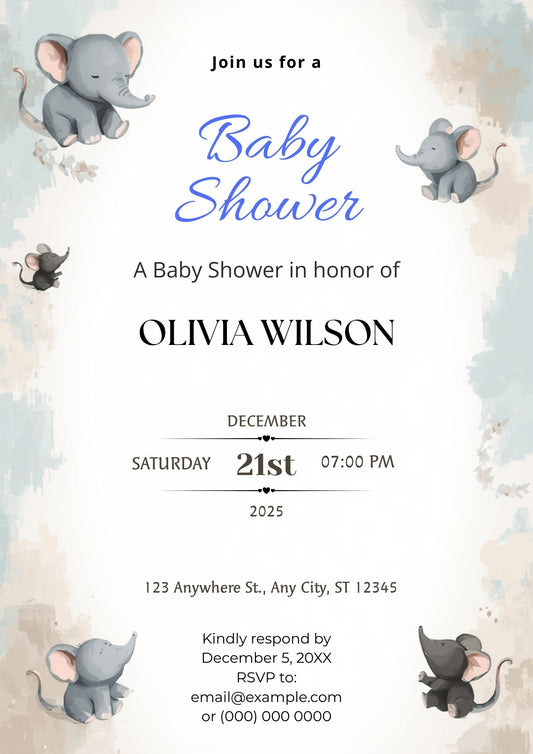 4.02 Blue Elephant Baby Shower Invitation Template | Editable Cute Baby Boy Shower Invite | Printable Digital Download