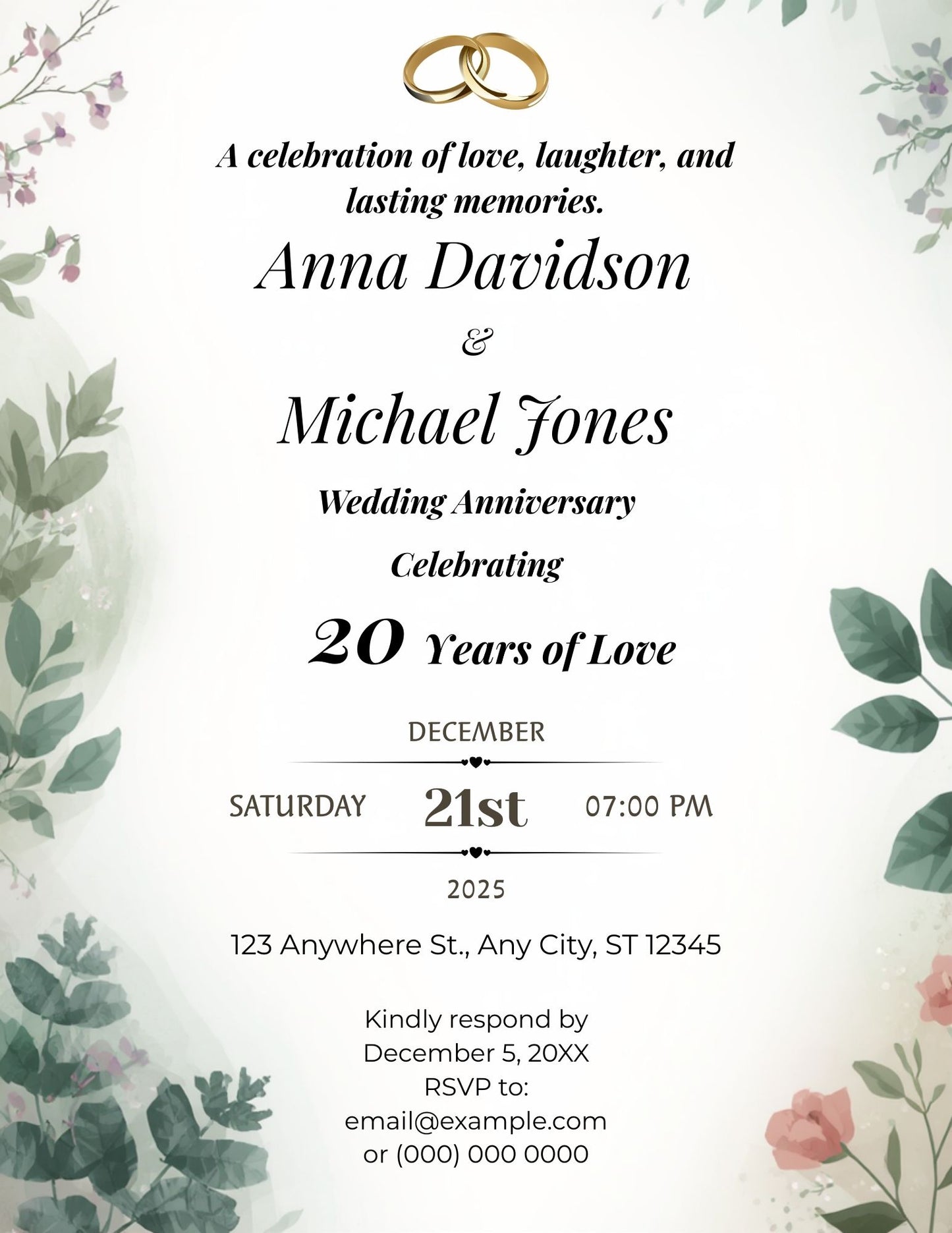1.03 Editable Wedding Anniversary Invitation Template, Customisable Anniversary Years, Elegant Green Floral Anniversary Invite, Canva Editable