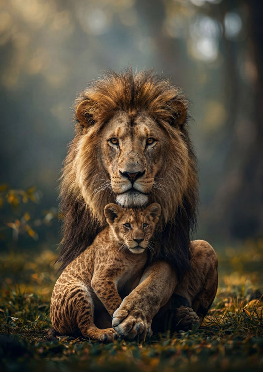 10.01 Lion and Cub Wall Art Print, Safari Animal Poster, Father and Child Wildlife Art, Strength and Protection Decor, Nature Printable Download