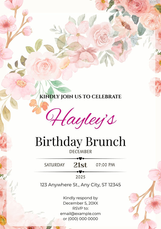 5.06 Birthday Brunch Invitation Template, Floral Birthday Brunch Invite, Editable Birthday Brunch Invitation, Garden Party Birthday Invite, Canva Template
