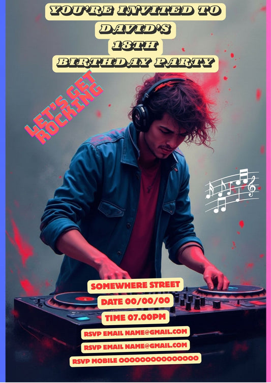 6.02 Teen DJ Birthday Invitation Template, Editable Music Party Invitation, Neon Teen Birthday Party Invite, DJ Music Birthday Canva Template (Age Editable)