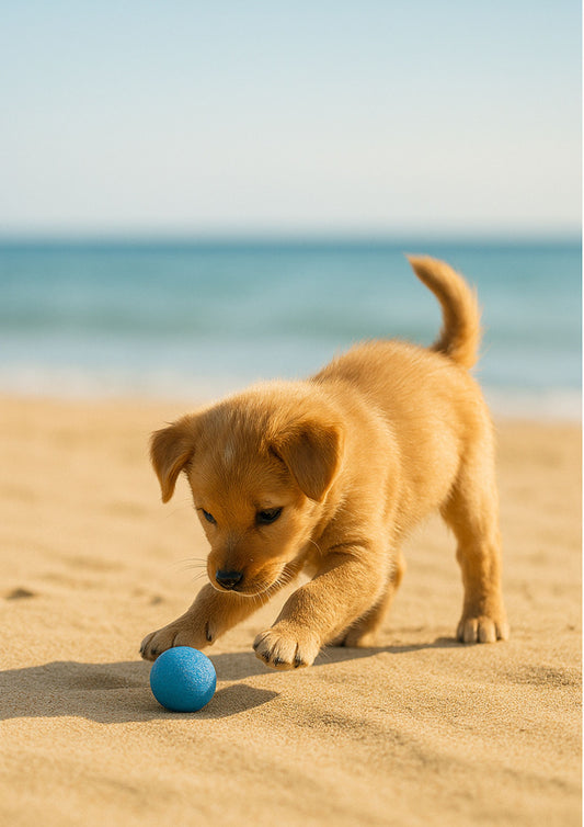 Playful Puppy on the Beach – Cute Animal Wall Art Print 07
