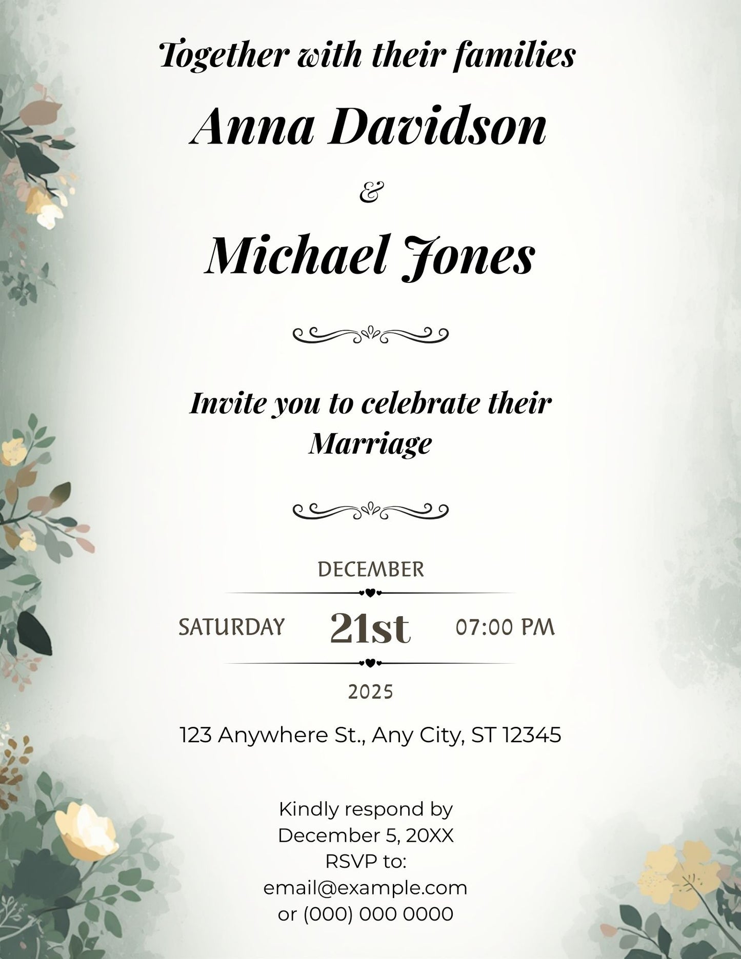 2.03 Elegant Botanical Wedding Invitation Template – Classic Greenery Design, Editable Digital Invite