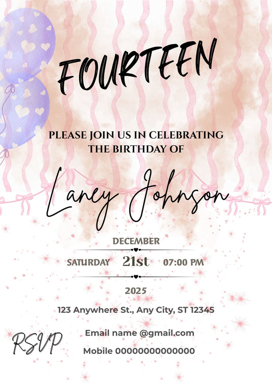 6.07 Editable Teen Birthday Invitation Template, Pink Balloons Birthday Invite for Girls, Fourteen Birthday Party Invitation, Canva Birthday Invitation Template