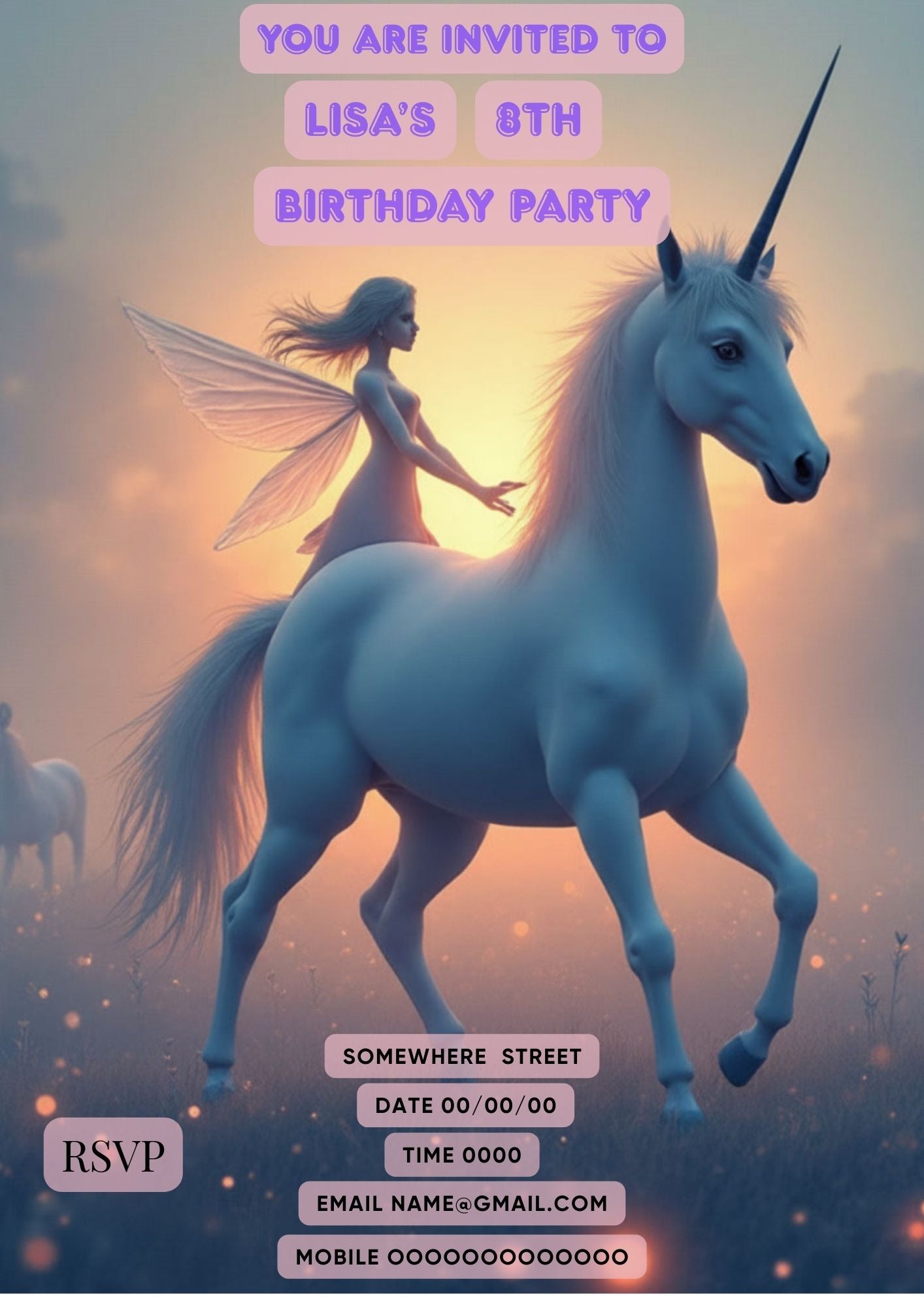 7.06 Unicorn Fairy Birthday Invitation Template, Magical Unicorn Party Invite, Girls Birthday Invitation, Editable Canva Template, Enchanted Fantasy Invite