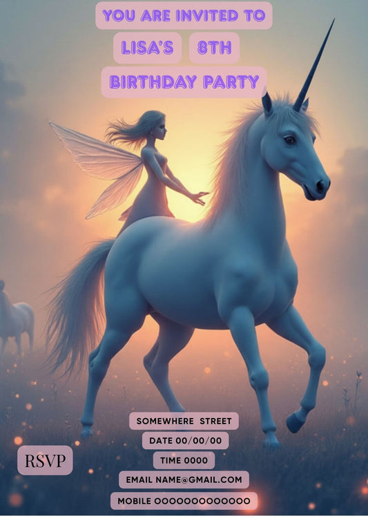 7.06 Unicorn Fairy Birthday Invitation Template, Magical Unicorn Party Invite, Girls Birthday Invitation, Editable Canva Template, Enchanted Fantasy Invite