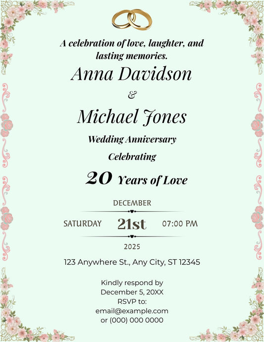 1.05 Elegant Wedding Anniversary Invitation Template | Editable Canva Invite | Minimal Floral Border 20th to 60th Anniversary