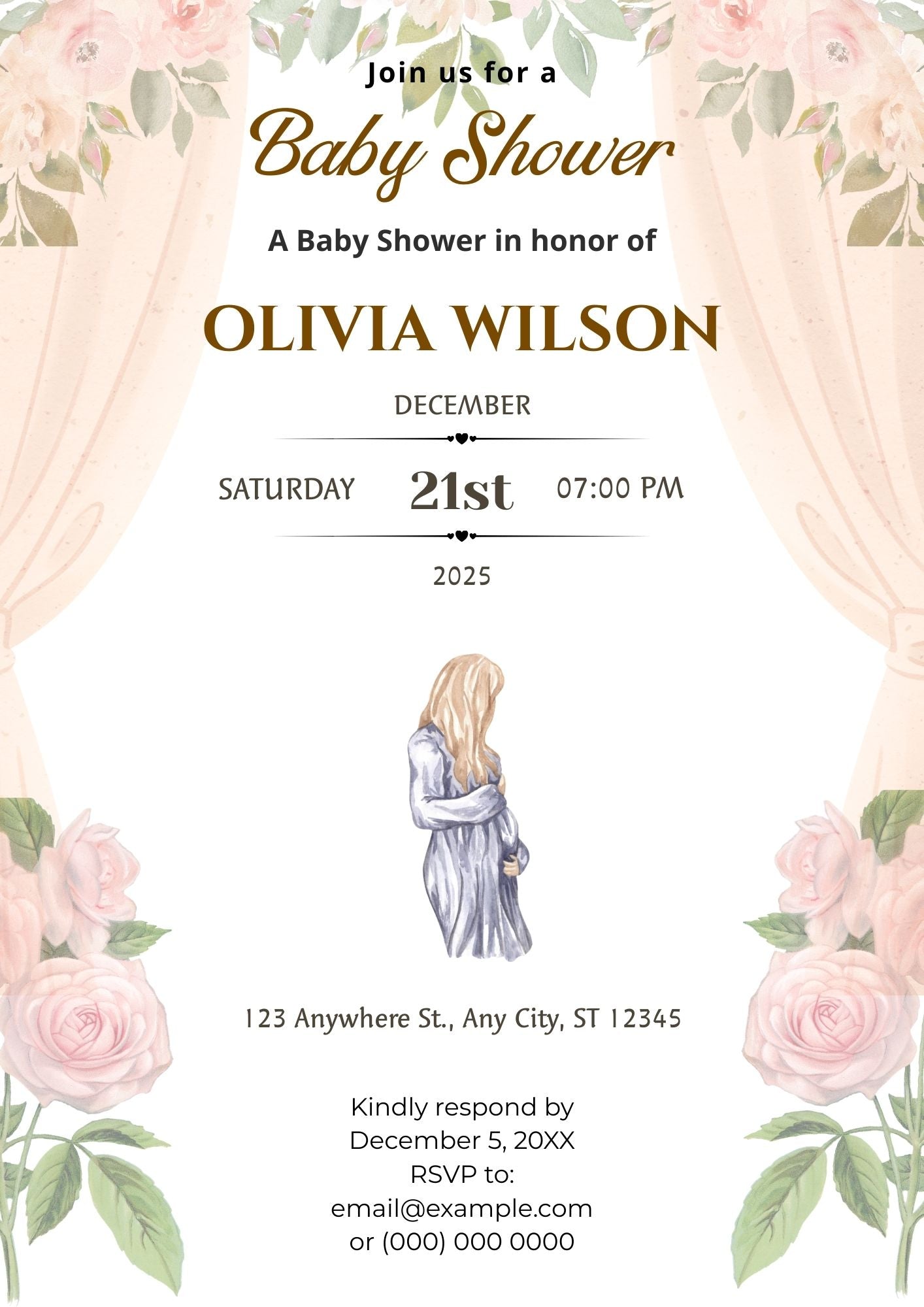 4.06 Elegant Baby Shower Invitation Template with Floral Curtains | Editable Baby Shower Invite | Printable Baby Shower Invitation Canva Template