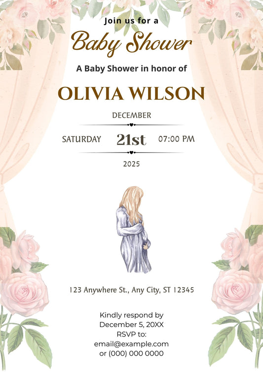4.06 Elegant Baby Shower Invitation Template with Floral Curtains | Editable Baby Shower Invite | Printable Baby Shower Invitation Canva Template